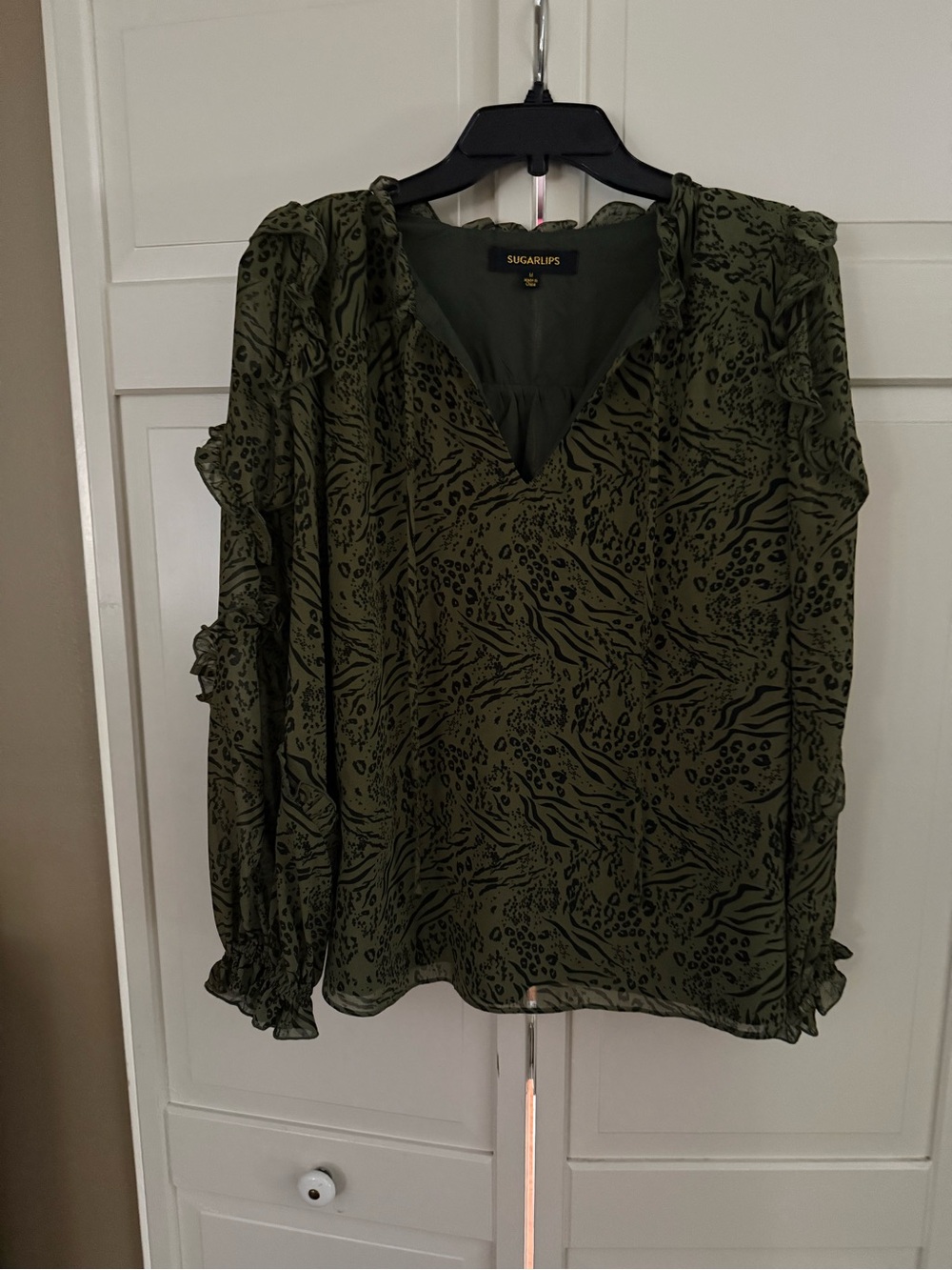 Sugarlips Olive Green Printed Ruffle V-Neck Blouse